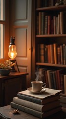 Cozy Reading Nook with Warm Lighting and Books