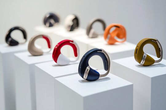 Variety of modern hearing aids displayed on a white surface, different colors, shapes, and sizes.