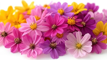Fototapeta premium Colorful cosmos flowers, close-up, white background, spring