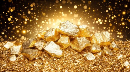 Glittering Pile of Gold Nuggets on Golden Sand