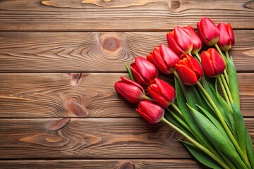 Red Tulips on Wooden Surface