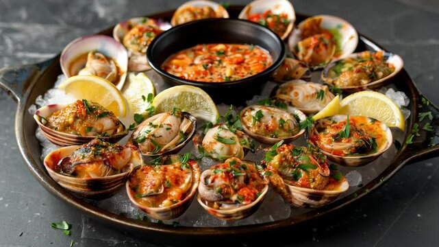 National Clams on the Half Shell Day Gourmet seafood platter with fresh clams, lemon slices, and spicy sauce garnished with herbs