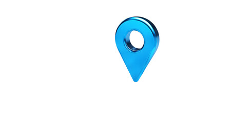 Blue location 3d icon marker or route gps position navigator sign and travel navigation pin road map pointer symbol isolated on white street address background with point direction discovery tracking.