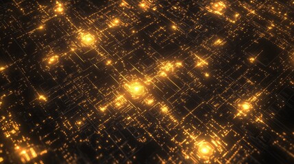 Naklejka premium A top-down view of an urban cityscape with glowing drone pathways, symbolizing smart delivery systems. Copy space.