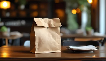 Takeout food delivery restaurant dining area paper bag indoor setting close-up view culinary experience