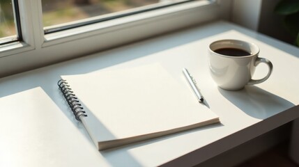 Sunlit Workspace Blank Notebook, Pen, and Coffee Ready for Ideas