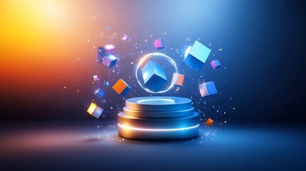 Vibrant glowing cubes orbit a sphere elegantly poised on a tiered platform bathed in warm and cool light. AI Generated