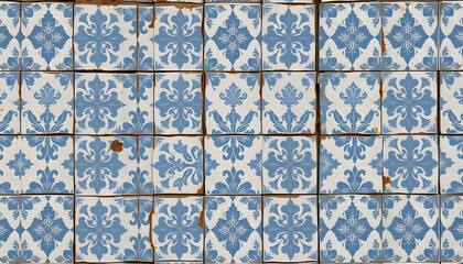 Old gray blue white rusty vintage shabby damask patchwork tiles stone concrete cement wall texture background, hyperrealism