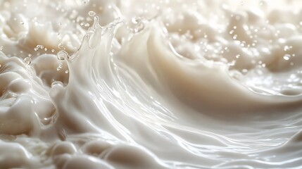 Vibrant splash of almond milk frozen in time creating dynamic droplets and a smooth wave against a pristine white background emphasizing the creamy texture and purity