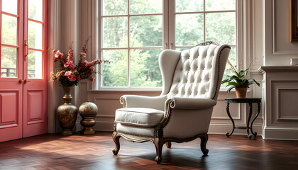 White leather vintage style chair in classical interior room with big window and flowers, Colored gel lighting