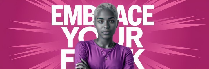 Fototapeta premium Confident young woman in purple shirt with vibrant pink background