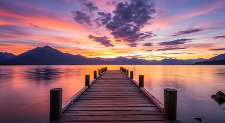 Obraz premium Long Pier Leading Out onto Lake at Sunrise Generative AI