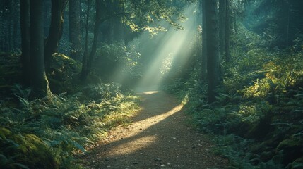 Obraz premium Empty forest path with sunlight streaming through, central copyspace
