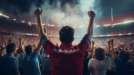 A vibrant crowd cheering in a packed stadium under dramatic skies, with explosive fireworks celebrating a sports event