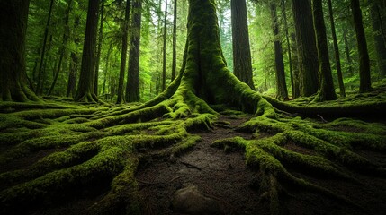 Fototapeta premium Entwined Roots in a Serene Forest, ancient tree roots wrapped around moss-covered rocks, creating a tranquil woodland scene.