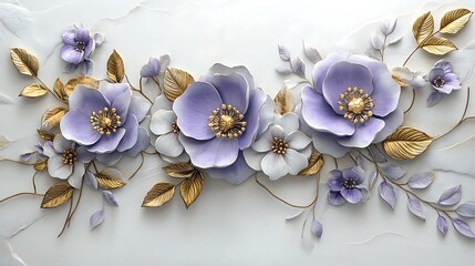 4D purple and gold flowers with leaves on a white background, a white floral wallpaper design
