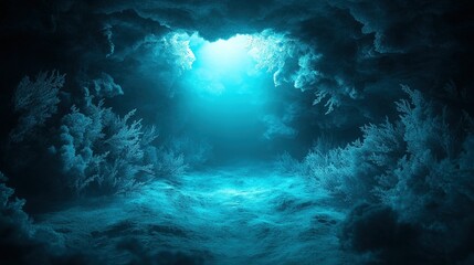 Obraz premium Arctic ice cave with shimmering crystalline plants glowing in ethereal light, a breathtaking natural wonder of the frozen landscape