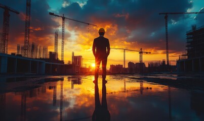 Silhouette of a Construction Worker in a Suit Against a Vibrant Sunset with Cranes and Urban Skyline, Reflecting the Spirit of Industry and Infrastructure Development