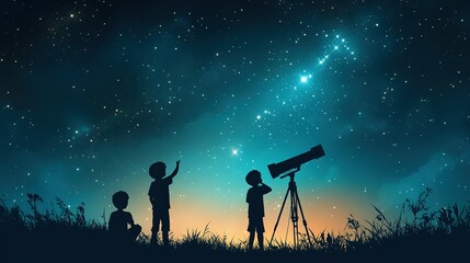 Starry Night Exploration, students gazing through telescopes, astronomy club showcasing celestial wonders, excitement fills the school grounds