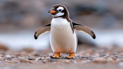 Fototapeta premium Antarctic penguin chick standing, coastal rocks background; wildlife, nature