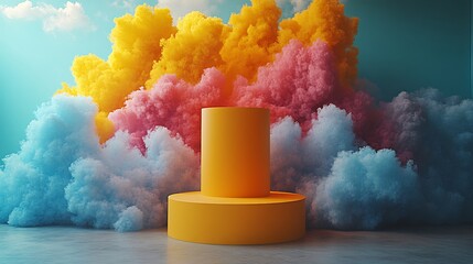Vibrant yellow 3D podium set against a backdrop of fluffy clouds The stand is placed in a bright empty studio ready for premium product presentation with a pop of color and elegance