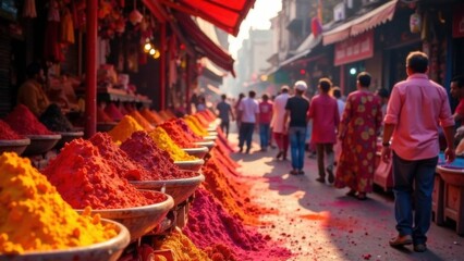 Traditional Indian market selling brightly colored powder paints for the Holi festival. The atmosphere is festive, happy, cheerful