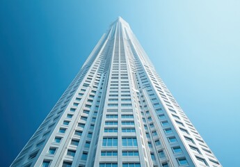 Obraz premium Skyscraper Reaching Towards Clear Blue Sky with Modern Architecture in Urban Setting Capturing Height and Innovation of Contemporary Design
