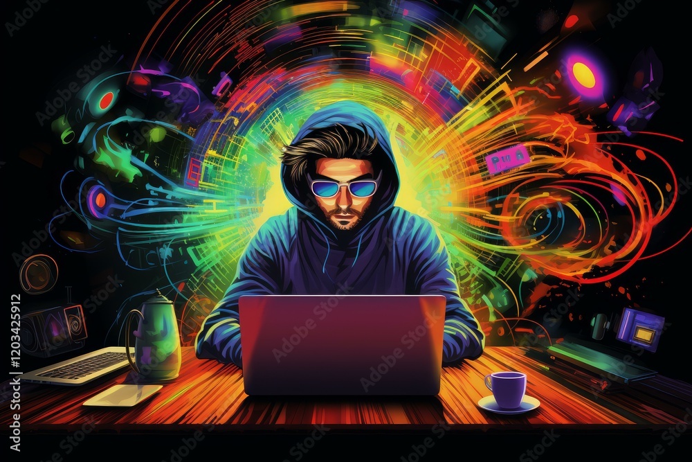 Poster software developer working on laptop with colorful visual effects representing creativity and innova