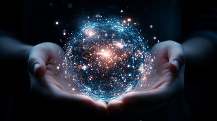 Glowing Cosmic Sphere Held in Hands, Mystical Energy