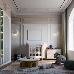 mockup poster in cute nursery room. 3d rendering	
