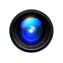 Closeup of a camera lens with a blue reflection,