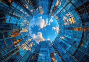 Naklejka premium Stunning Circular Perspective of Modern Glass Buildings Framing a Clear Blue Sky with Fluffy Clouds, Capturing the Beauty of Urban Architecture and Reflective Surfaces