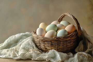 A soft arrangement of pastel-colored eggs in a woven basket on a rustic cloth, evoking spring freshness.