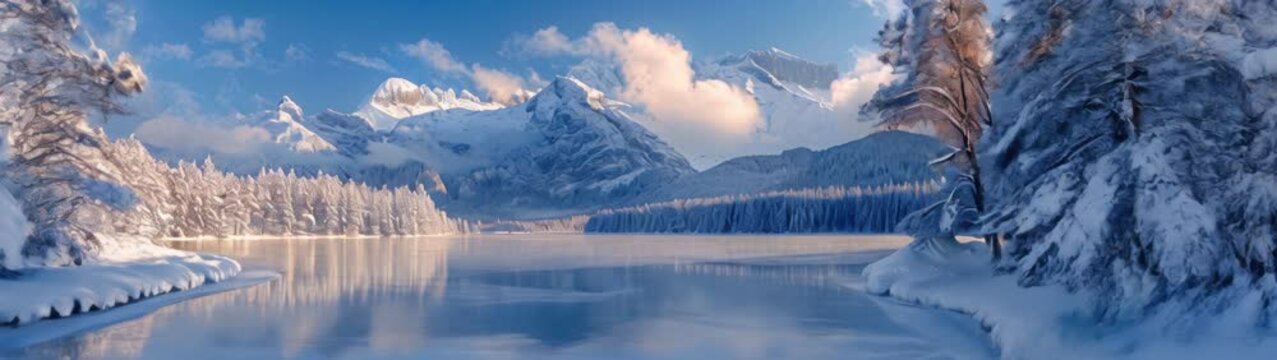 Snowy trees line the edge of a lake in front of a mountain