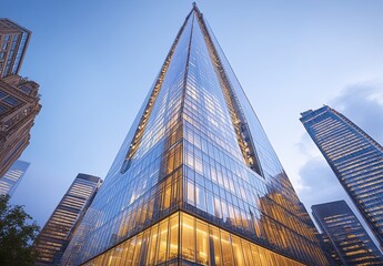 Obraz premium Stunning Modern Skyscraper Reaching Toward the Sky in Urban Environment with Reflection of Building Windows and Cloudy Blue Sky in Background at Dusk