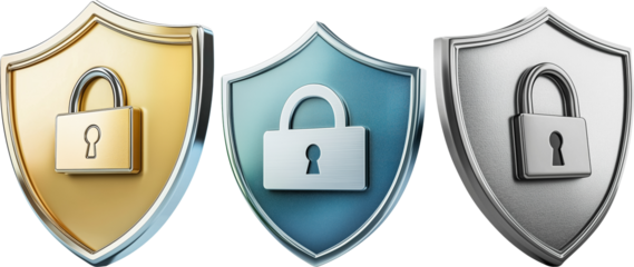 Three metallic shields, gold, blue, and silver, each displaying a padlock, symbolizing security and protection isolated on transparent background PNG