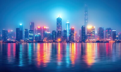 Fototapeta premium Stunning Night View of a Futuristic Urban Skyline with Skyline Reflections in Water Under Atmospheric Fog and Colorful Lights in a Vibrant Metropolis