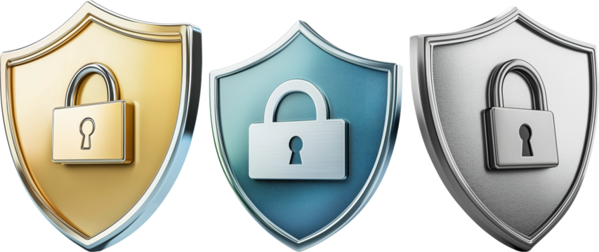 Three metallic shields, gold, blue, and silver, each displaying a padlock, symbolizing security and protection isolated on transparent background PNG