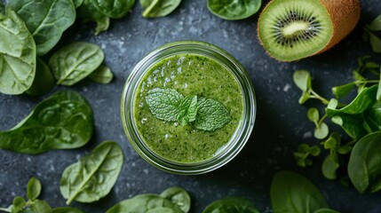 Obraz premium Green smoothie jar with spinach kiwi and mint leaves