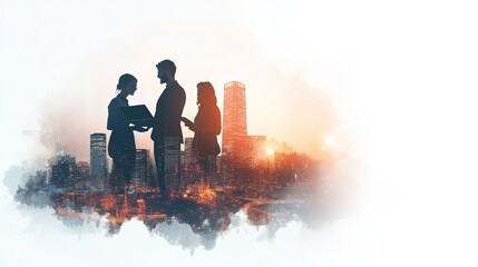 Fototapeta premium Business team collaborating on growth strategies in a modern office, utilizing technology for market expansion with a cityscape backdrop