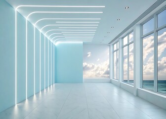 Fototapeta premium A minimalist light blue room with a gradient background and abstract lighting effects, evoking a serene and versatile setting suitable for various occasions such as Christmas, Valentine's Day, and New