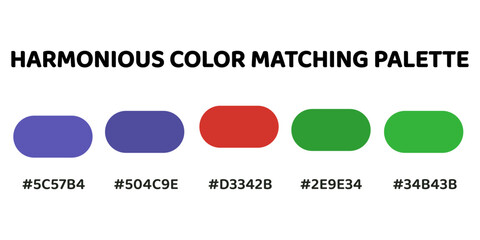 Harmonious color palette with five colors. This palette combines warm and cool tones, balanced and visually appealing aesthetic. Periwinkle, Slate Blue, Tomato Red, Emerald Green, Spring Green. 28.