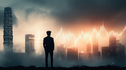 Businessman analyzing global investment trends, city skyline backdrop, stock graph overlay, dramatic lighting effects