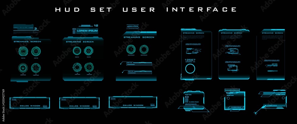 Fototapete Digital electronic HUD panel with set vector holographic frames for user interface. HUD, GUI elements. Text frames. Modern dialog boxes for streaming. Interface hud set