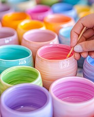 Close-Up of Hands Painting Colorful Pottery in Pastels