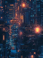 Naklejka premium Abstract Cyberpunk Cityscape Glowing Vividly Orange Blue. AI Generated