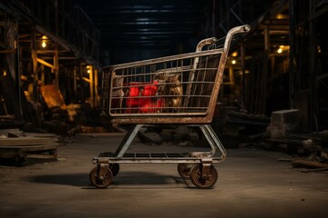 Rusty shopping cart stands abandoned in a derelict warehouse, symbolizing economic decline and urban decay