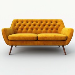 Mid-Century Modern Sofa , mustard yellow fabric upholstery, isolated on a plain white background