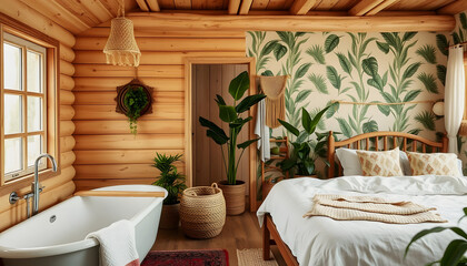 Bohemian wooden bathroom and bedroom in boho style in white and beige tones. Bathtub, bed and towel rack, potted plants. Tropical wallpaper. Country vintage interior design