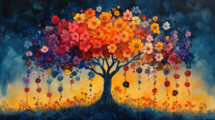 vibrant watercolor composition of tree adorned with colorful flowers, showcasing stunning blend of hues against dark background. artwork evokes sense of joy and tranquility